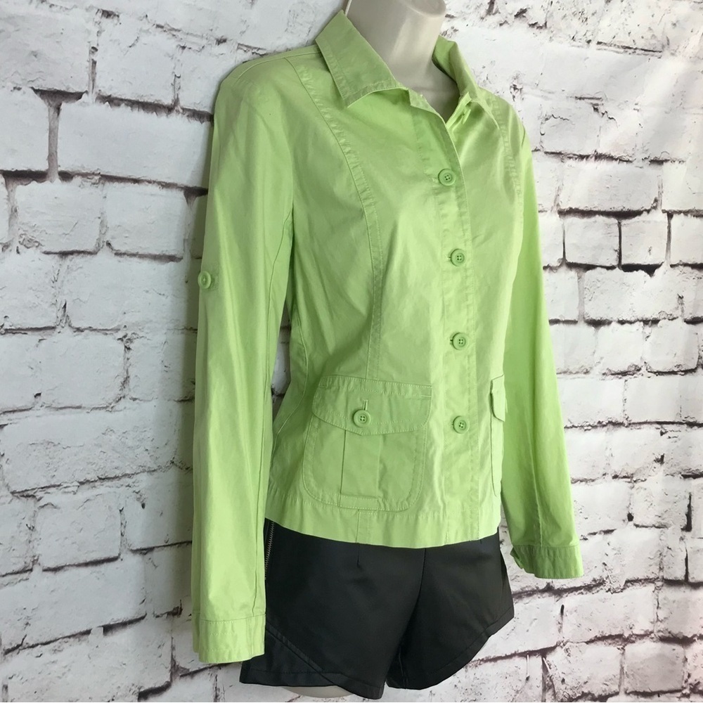 TALBOTS Petite Size 4P Lime Green lightweight Safari cotton blazer jacket - Picture 6 of 15